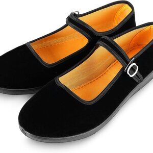 Women's Velvet Mary Jane Shoes Black Cotton Flats Rubber Sole for Comfort